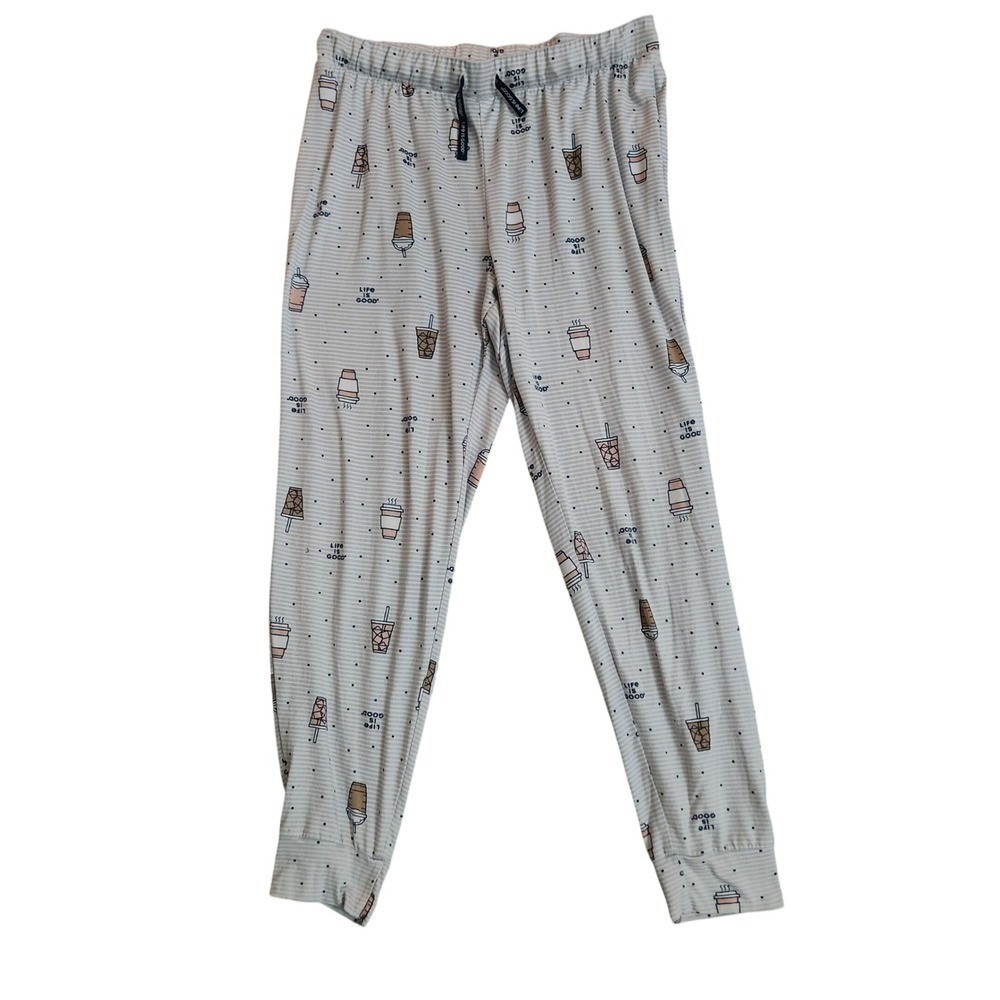 Life Is Good Pajama Pants Lounge Sleepwear W Striped Coffee Cup Print NO SZ TAG